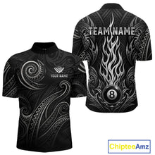 Load image into Gallery viewer, Personalized flame 8 ball billiard quarter zip shirt for men built for pool tournaments and competitive play.