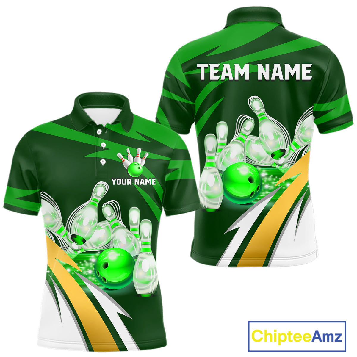 Personalized green strike ball bowling team jersey polo shirt for men featuring a vibrant green strike bowling ball design, premium custom bowling league apparel.
