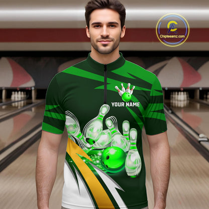 Man wearing personalized green strike ball bowling team jersey quarter zip shirt featuring green strike ball artwork, front view.