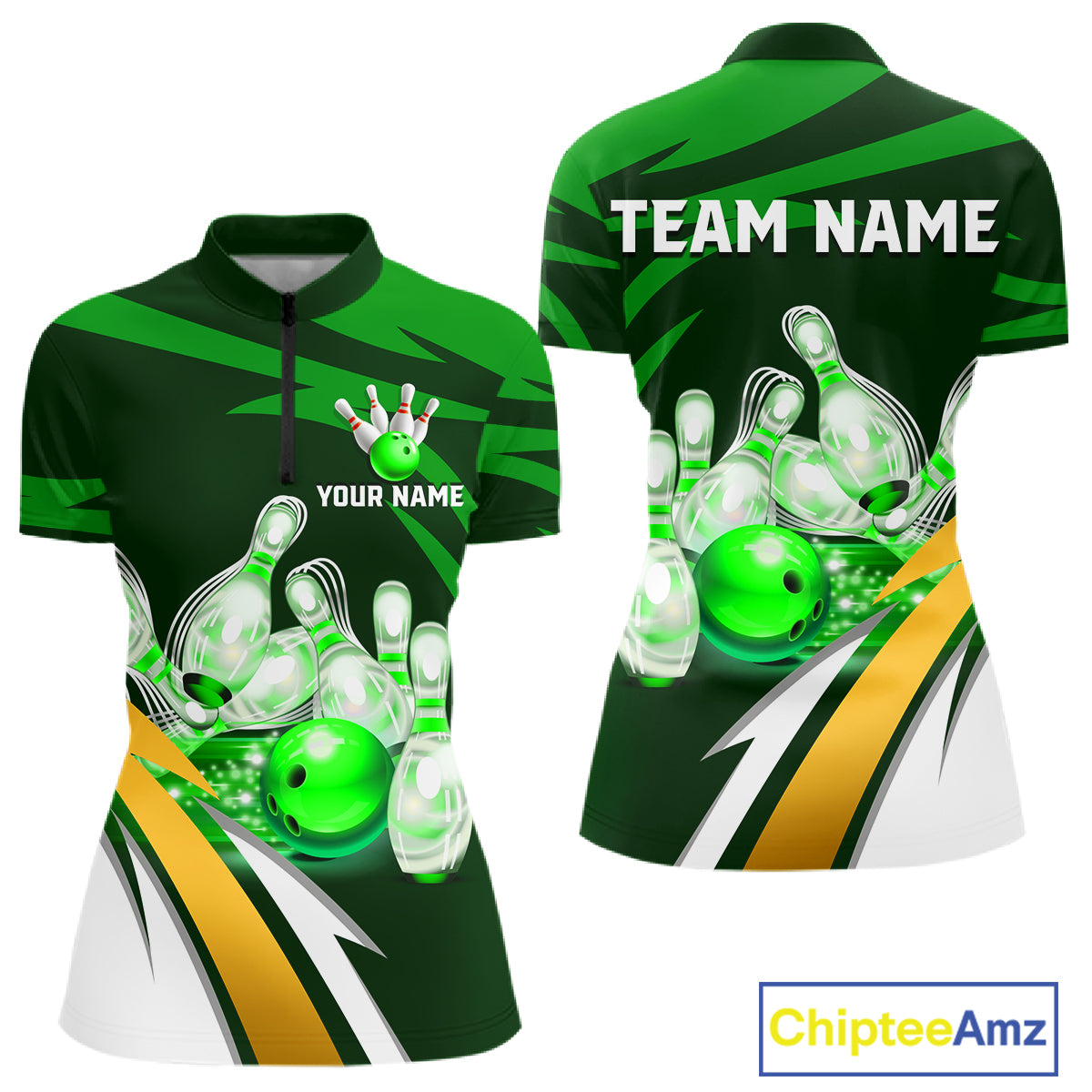 Personalized green strike ball bowling team jersey quarter zip shirt for women featuring green strike bowling ball artwork, premium custom bowling apparel.