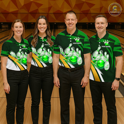 Bowling team wearing matching personalized green strike ball bowling team jerseys, front view.