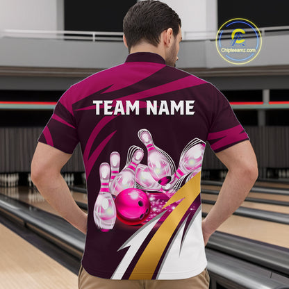 Man wearing personalized pink strike ball bowling team jersey quarter zip shirt featuring pink strike ball artwork, back view.