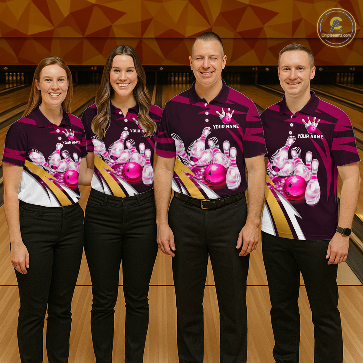 Bowling team wearing matching personalized pink strike ball bowling team jerseys, front view.