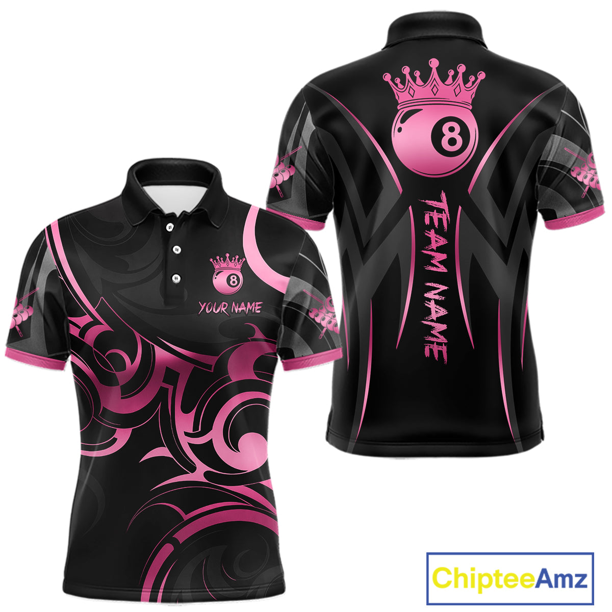 Pink And Black 8 Ball Crown Tribal Billiard Shirt For Men Custom Pool Team Jersey Polo & 1/4 Zip TDM7422