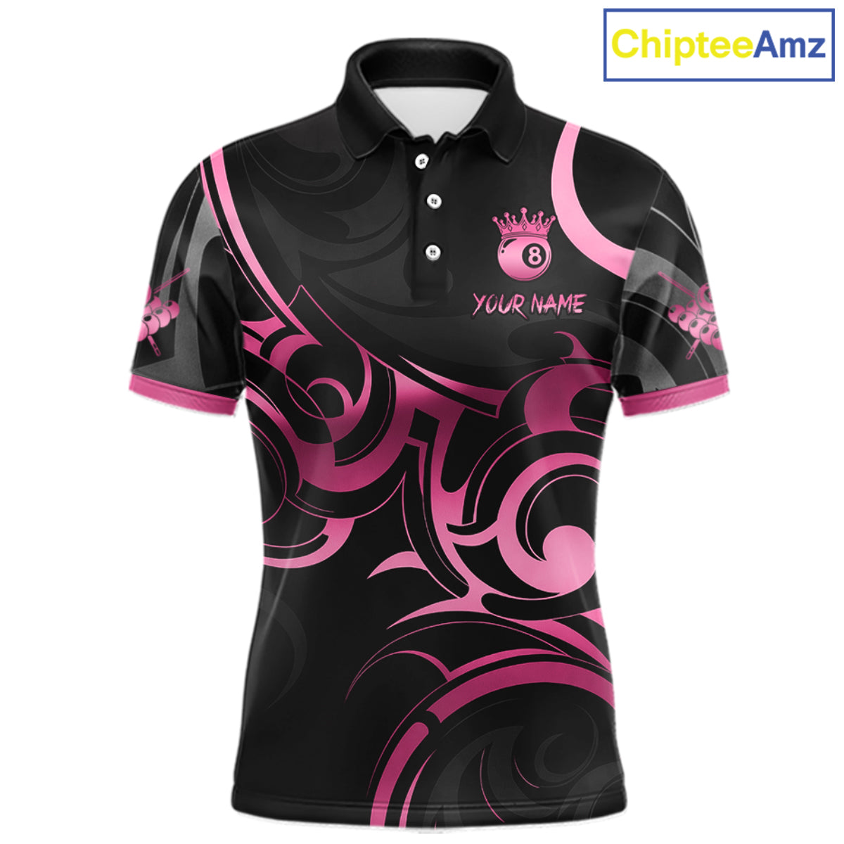 Pink And Black 8 Ball Crown Tribal Billiard Shirt For Men Custom Pool Team Jersey Polo & 1/4 Zip TDM7422
