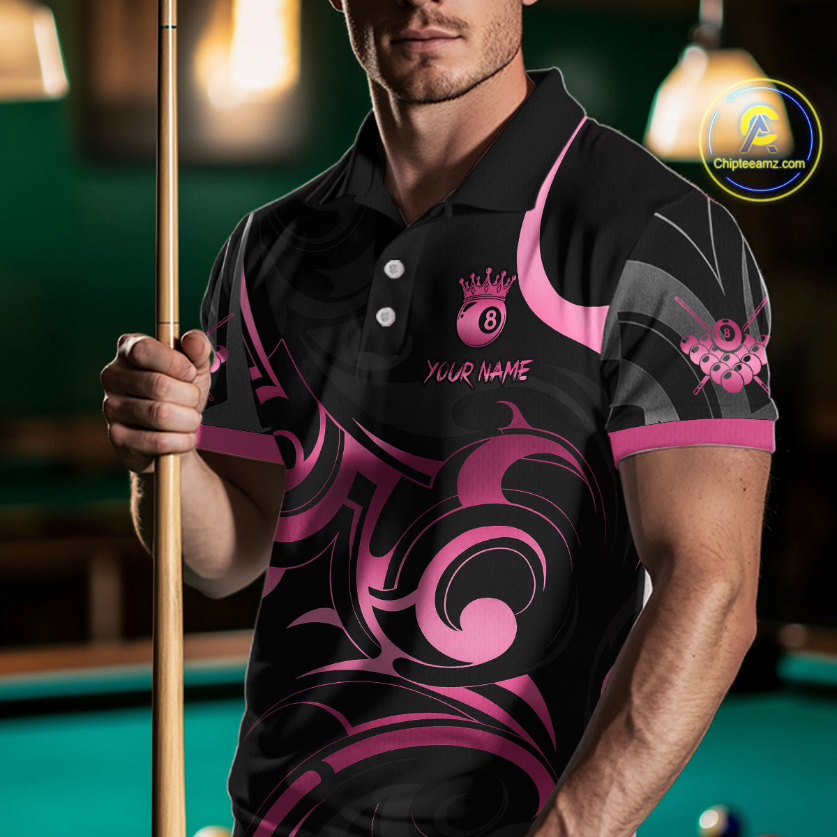 Pink And Black 8 Ball Crown Tribal Billiard Shirt For Men Custom Pool Team Jersey Polo & 1/4 Zip TDM7422