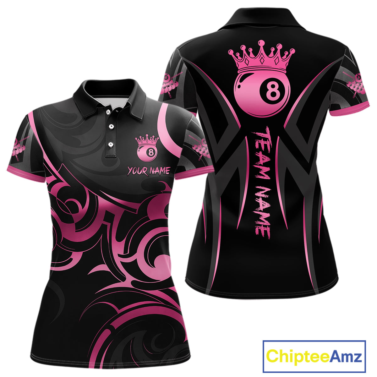 Pink And Black 8 Ball Crown Tribal Billiard Shirt For Women Custom Pool Team Jersey Polo & 1/4 Zip TDM7422