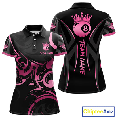 Pink And Black 8 Ball Crown Tribal Billiard Shirt For Women Custom Pool Team Jersey Polo & 1/4 Zip TDM7422