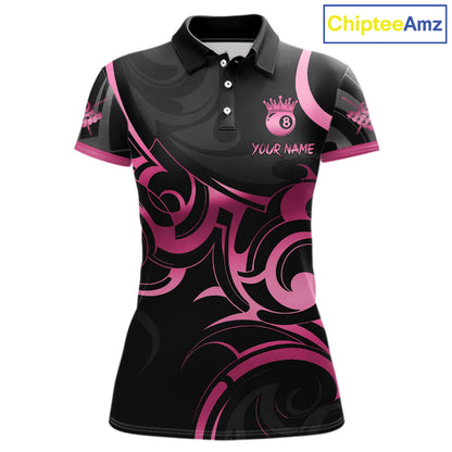 Pink And Black 8 Ball Crown Tribal Billiard Shirt For Women Custom Pool Team Jersey Polo & 1/4 Zip TDM7422