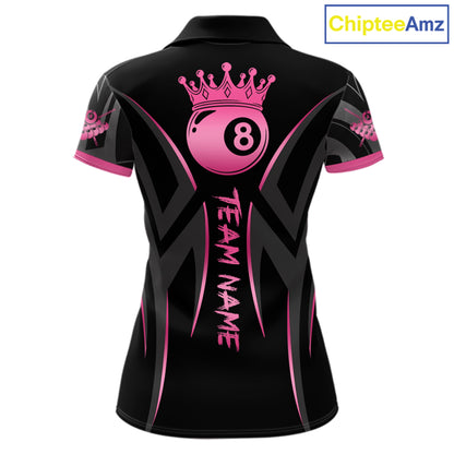 Pink And Black 8 Ball Crown Tribal Billiard Shirt For Women Custom Pool Team Jersey Polo & 1/4 Zip TDM7422