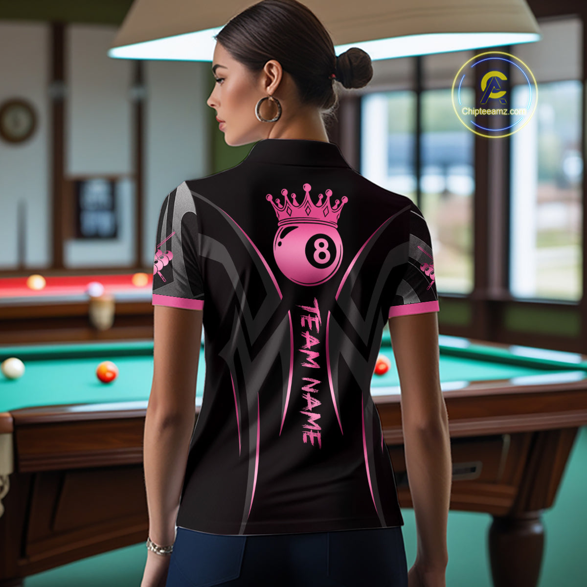 Pink And Black 8 Ball Crown Tribal Billiard Shirt For Women Custom Pool Team Jersey Polo & 1/4 Zip TDM7422