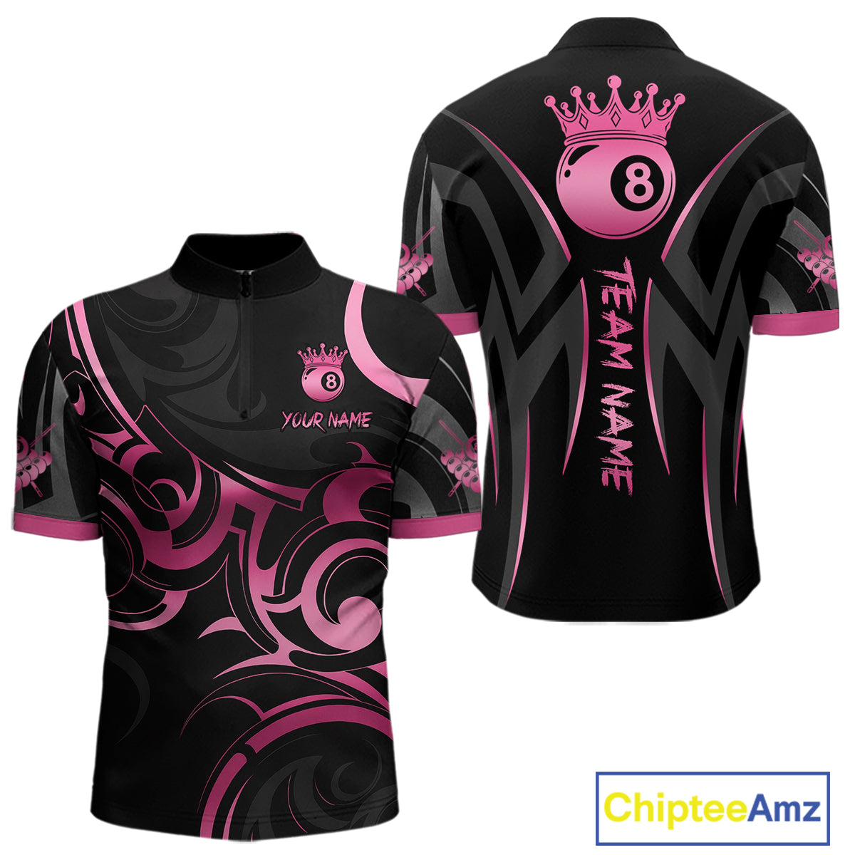 Pink And Black 8 Ball Crown Tribal Billiard Shirt For Men Custom Pool Team Jersey Polo & 1/4 Zip TDM7422