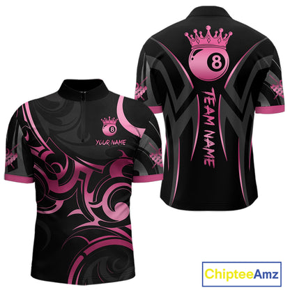 Pink And Black 8 Ball Crown Tribal Billiard Shirt For Men Custom Pool Team Jersey Polo & 1/4 Zip TDM7422