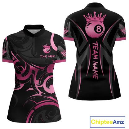 Pink And Black 8 Ball Crown Tribal Billiard Shirt For Women Custom Pool Team Jersey Polo & 1/4 Zip TDM7422