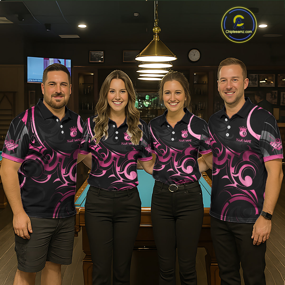 Pink And Black 8 Ball Crown Tribal Billiard Shirt For Men Custom Pool Team Jersey Polo & 1/4 Zip TDM7422