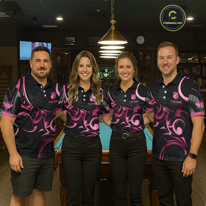 Pink And Black 8 Ball Crown Tribal Billiard Shirt For Men Custom Pool Team Jersey Polo & 1/4 Zip TDM7422