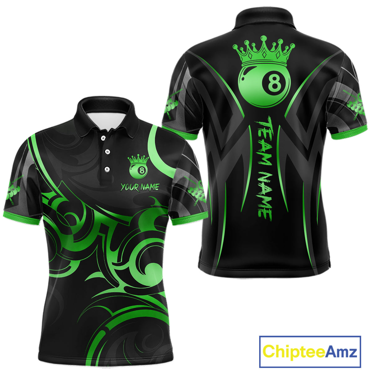 Black And Green 8 Ball Crown Tribal Billiard Shirt For Men Custom Pool Team Jersey Polo & 1/4 Zip TDM7423