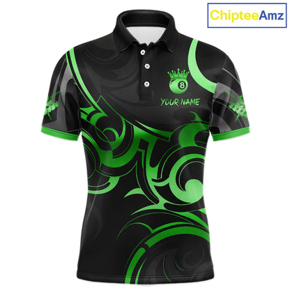 Black And Green 8 Ball Crown Tribal Billiard Shirt For Men Custom Pool Team Jersey Polo & 1/4 Zip TDM7423