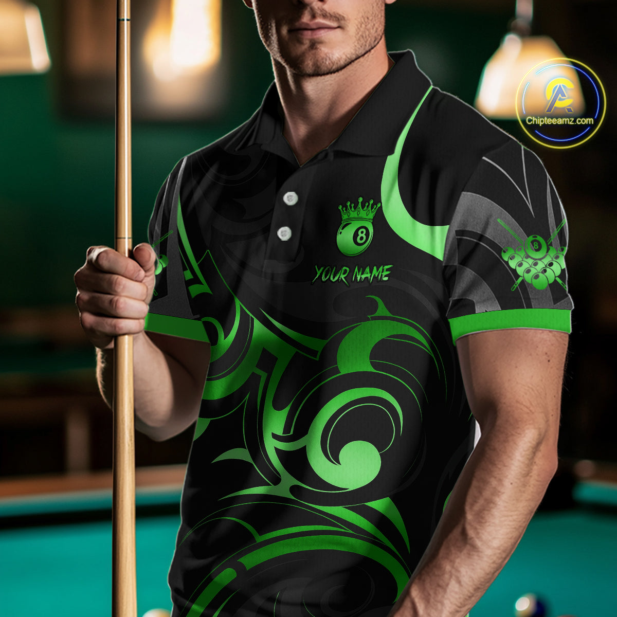 Black And Green 8 Ball Crown Tribal Billiard Shirt For Men Custom Pool Team Jersey Polo & 1/4 Zip TDM7423