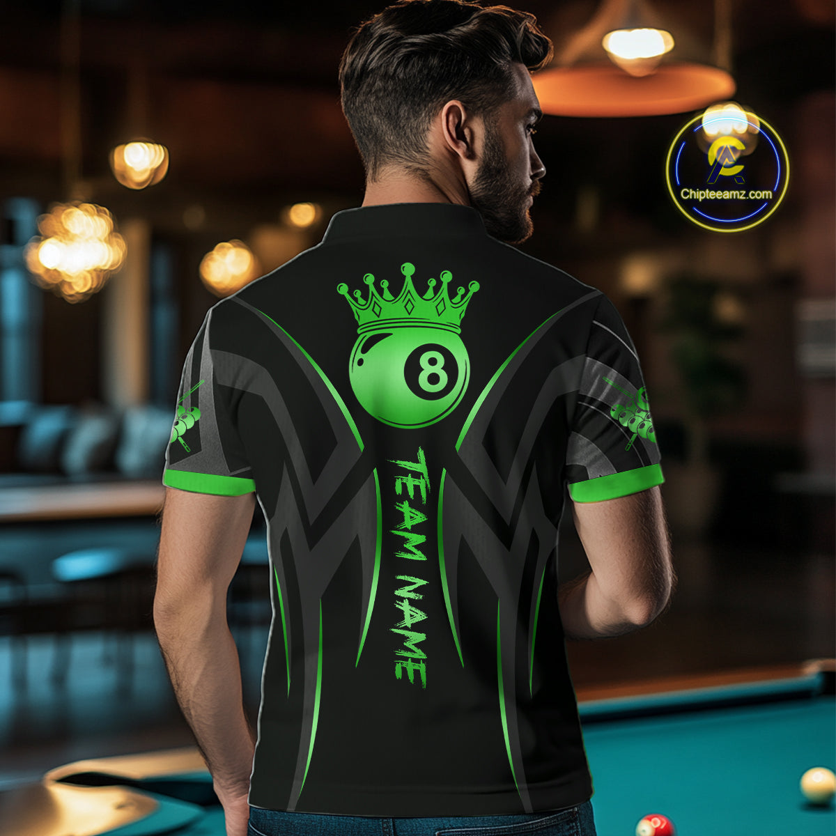 Black And Green 8 Ball Crown Tribal Billiard Shirt For Men Custom Pool Team Jersey Polo & 1/4 Zip TDM7423