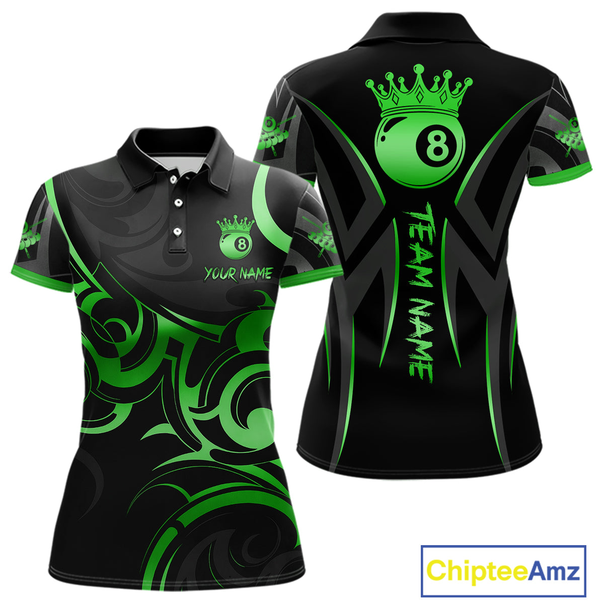 Black And Green 8 Ball Crown Tribal Billiard Shirt For Women Custom Pool Team Jersey Polo & 1/4 Zip TDM7423