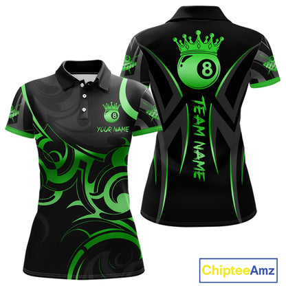 Black And Green 8 Ball Crown Tribal Billiard Shirt For Women Custom Pool Team Jersey Polo & 1/4 Zip TDM7423