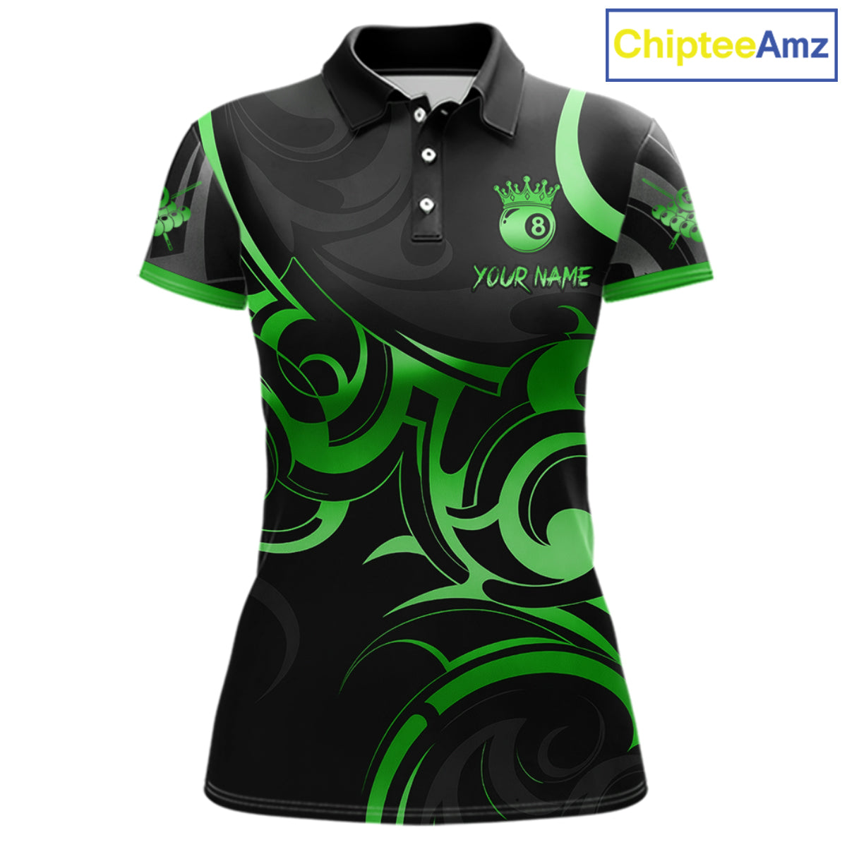 Black And Green 8 Ball Crown Tribal Billiard Shirt For Women Custom Pool Team Jersey Polo & 1/4 Zip TDM7423