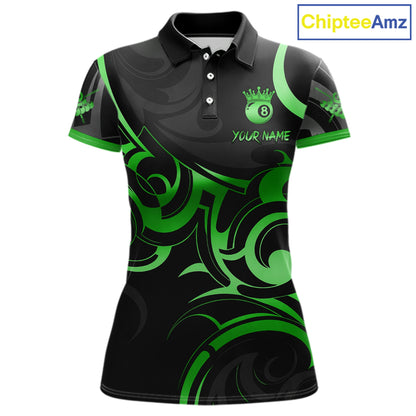 Black And Green 8 Ball Crown Tribal Billiard Shirt For Women Custom Pool Team Jersey Polo & 1/4 Zip TDM7423