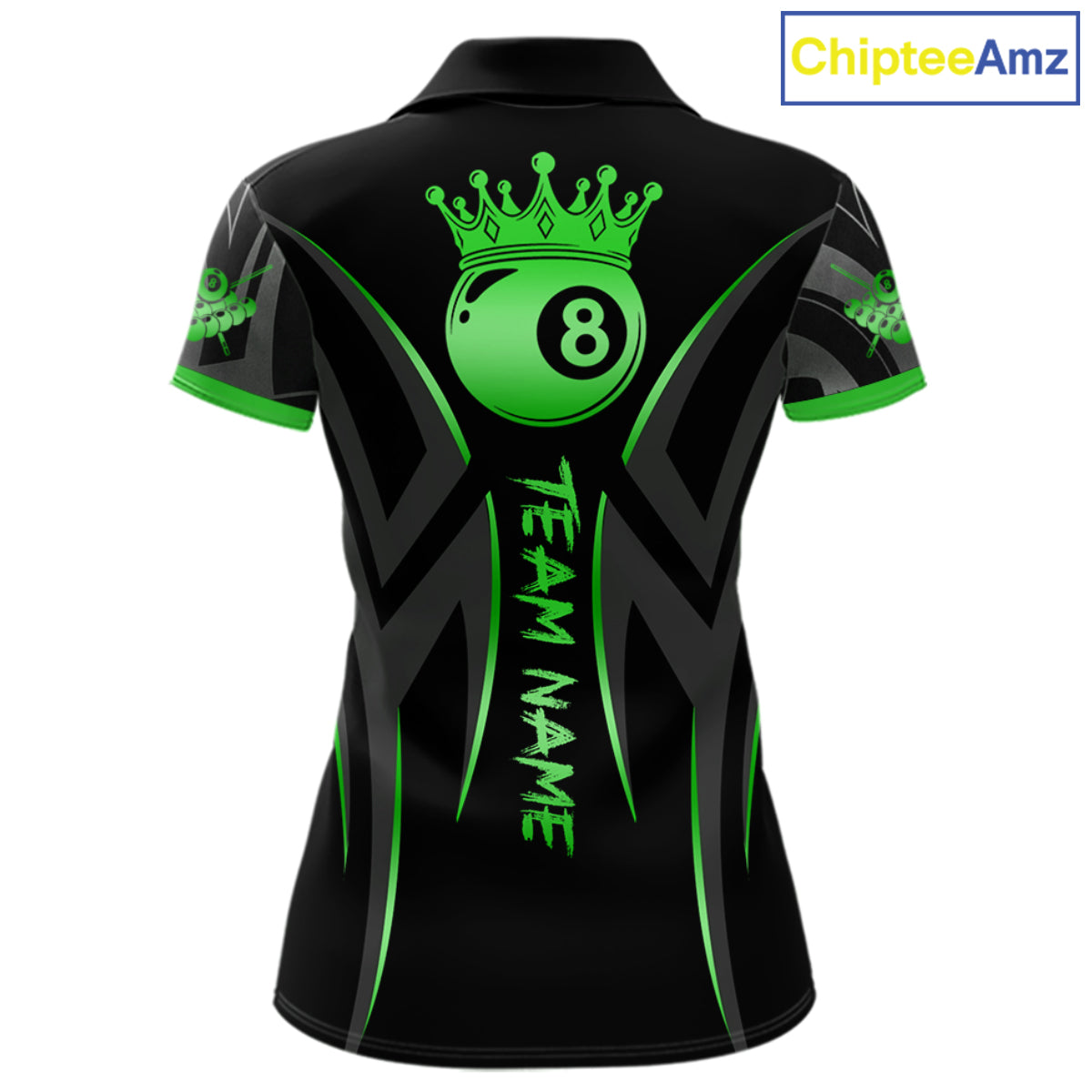 Black And Green 8 Ball Crown Tribal Billiard Shirt For Women Custom Pool Team Jersey Polo & 1/4 Zip TDM7423