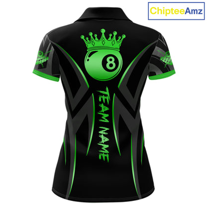 Black And Green 8 Ball Crown Tribal Billiard Shirt For Women Custom Pool Team Jersey Polo & 1/4 Zip TDM7423