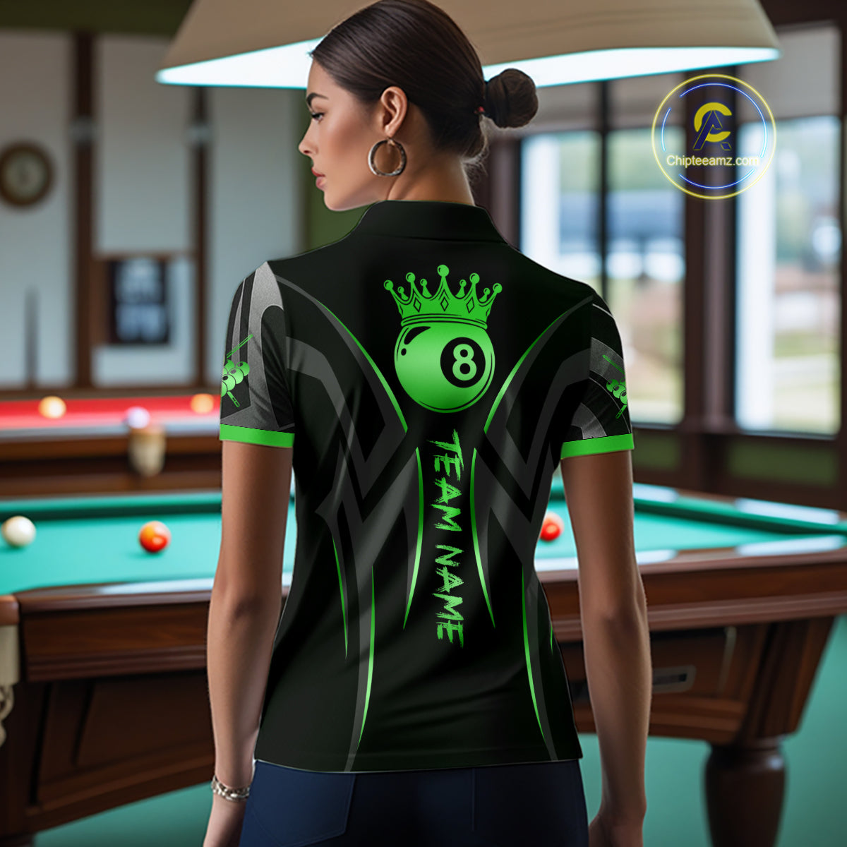 Black And Green 8 Ball Crown Tribal Billiard Shirt For Women Custom Pool Team Jersey Polo & 1/4 Zip TDM7423