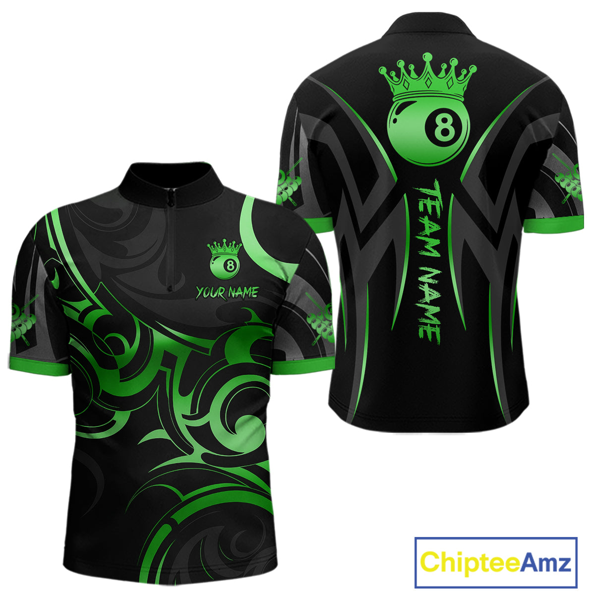 Black And Green 8 Ball Crown Tribal Billiard Shirt For Men Custom Pool Team Jersey Polo & 1/4 Zip TDM7423