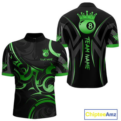 Black And Green 8 Ball Crown Tribal Billiard Shirt For Men Custom Pool Team Jersey Polo & 1/4 Zip TDM7423