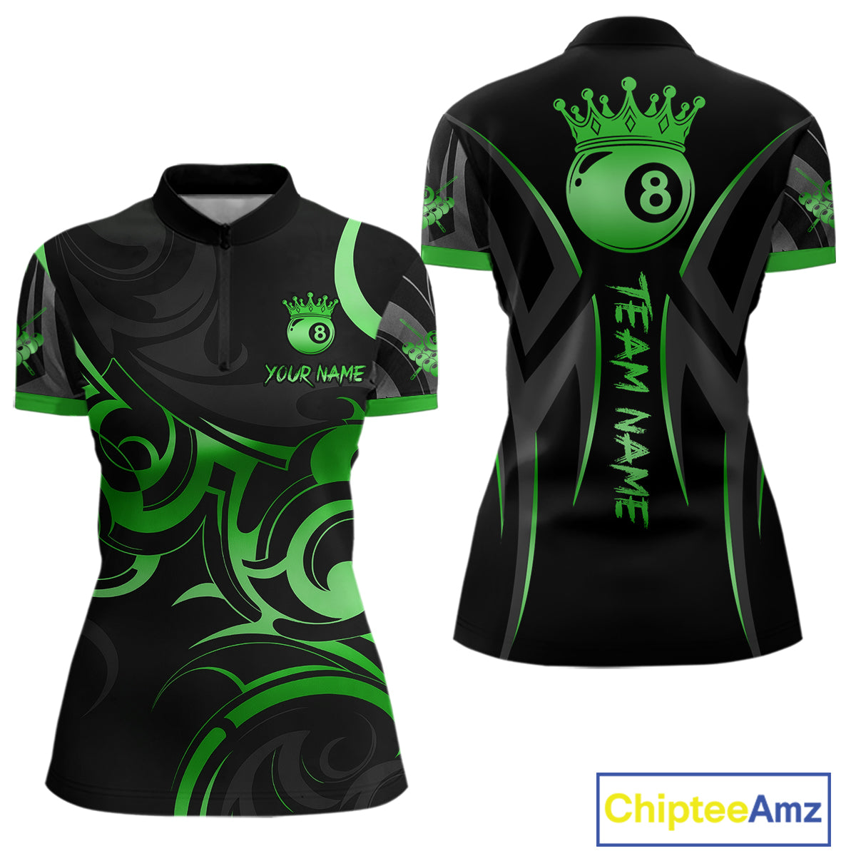 Black And Green 8 Ball Crown Tribal Billiard Shirt For Women Custom Pool Team Jersey Polo & 1/4 Zip TDM7423