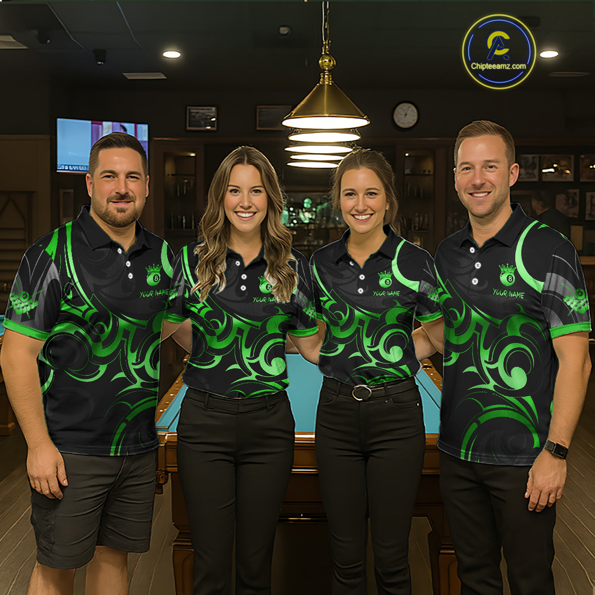 Black And Green 8 Ball Crown Tribal Billiard Shirt For Men Custom Pool Team Jersey Polo & 1/4 Zip TDM7423