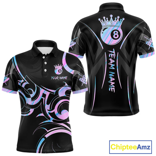Black And Holographic 8 Ball Pool Crown Tribal Billiard Shirt For Men Custom Pool Team Jersey TDM7424
