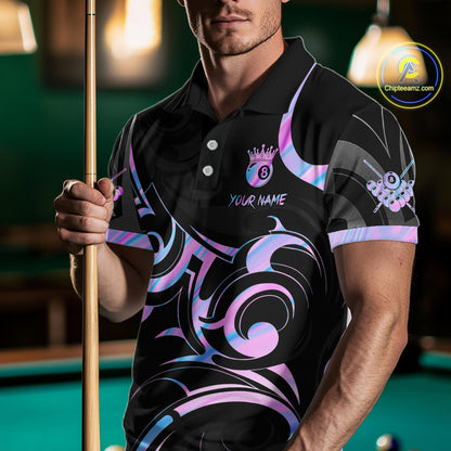 Black And Holographic 8 Ball Pool Crown Tribal Billiard Shirt For Men Custom Pool Team Jersey TDM7424