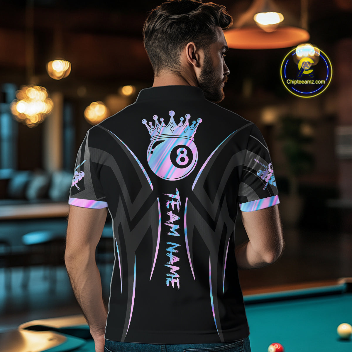 Black And Holographic 8 Ball Pool Crown Tribal Billiard Shirt For Men Custom Pool Team Jersey TDM7424