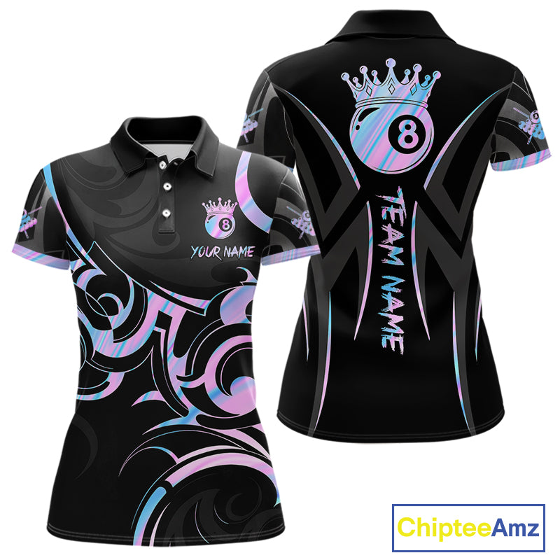 Black And Holographic 8 Ball Pool Crown Tribal Billiard Shirt For Women Custom Pool Team Jersey TDM7424