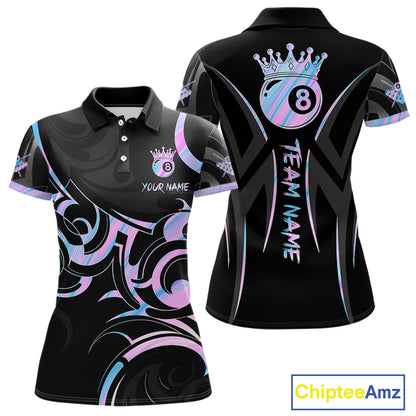 Black And Holographic 8 Ball Pool Crown Tribal Billiard Shirt For Women Custom Pool Team Jersey TDM7424