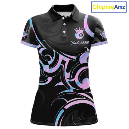 Black And Holographic 8 Ball Pool Crown Tribal Billiard Shirt For Women Custom Pool Team Jersey TDM7424