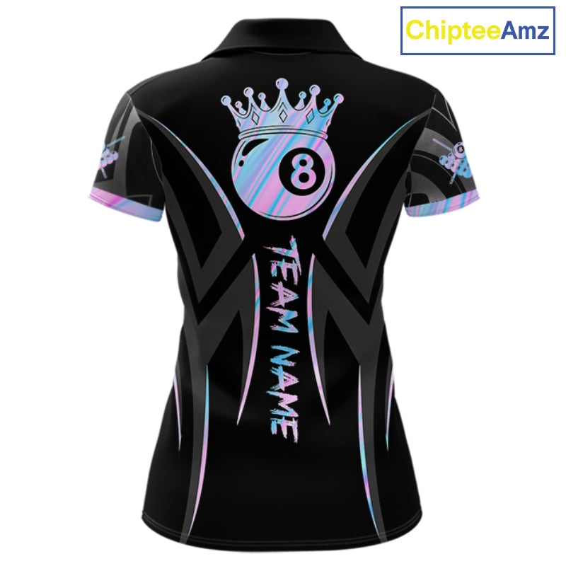 Black And Holographic 8 Ball Pool Crown Tribal Billiard Shirt For Women Custom Pool Team Jersey TDM7424