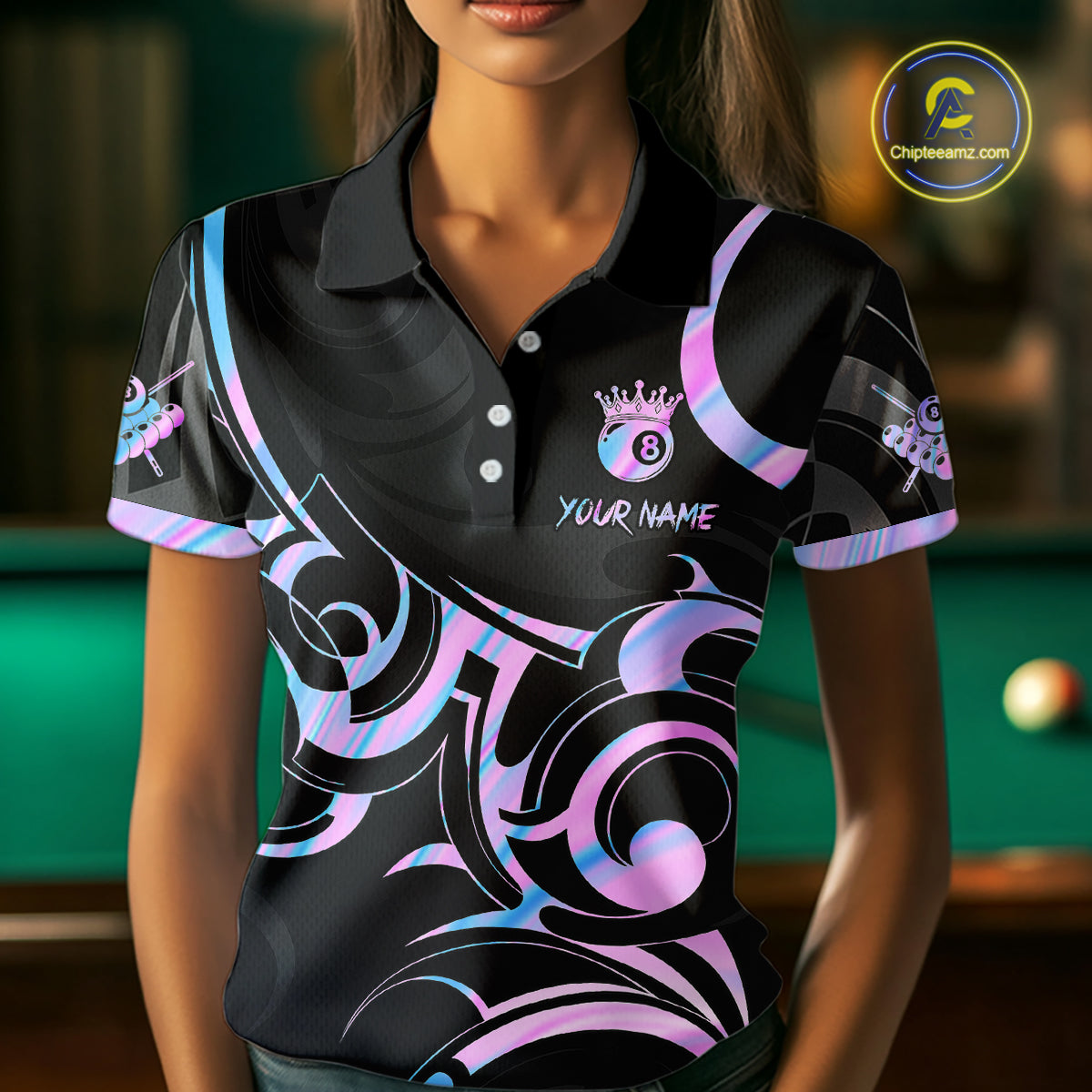 Black And Holographic 8 Ball Pool Crown Tribal Billiard Shirt For Women Custom Pool Team Jersey TDM7424