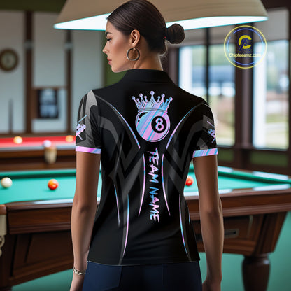 Black And Holographic 8 Ball Pool Crown Tribal Billiard Shirt For Women Custom Pool Team Jersey TDM7424
