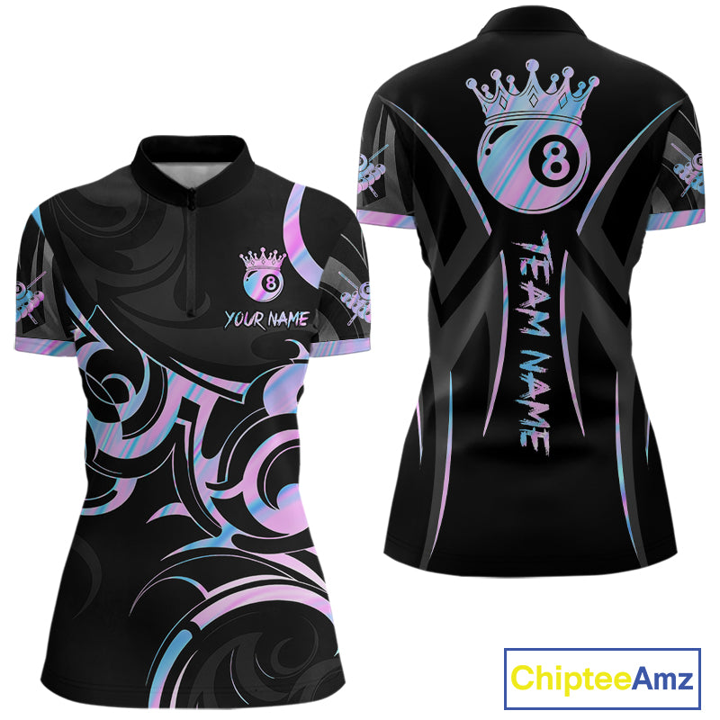 Black And Holographic 8 Ball Pool Crown Tribal Billiard Shirt For Women Custom Pool Team Jersey TDM7424