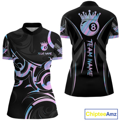 Black And Holographic 8 Ball Pool Crown Tribal Billiard Shirt For Women Custom Pool Team Jersey TDM7424