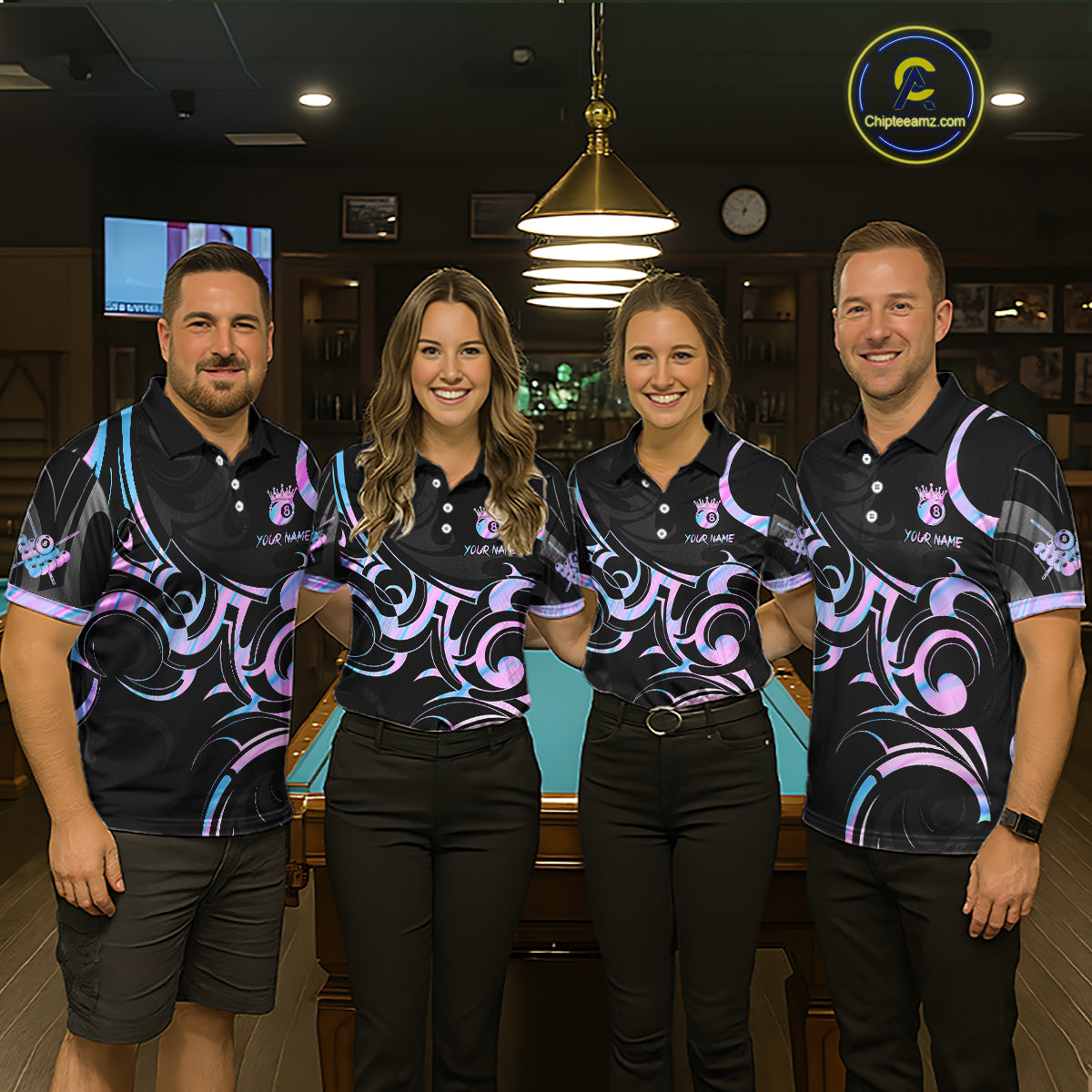 Black And Holographic 8 Ball Pool Crown Tribal Billiard Shirt For Men Custom Pool Team Jersey TDM7424