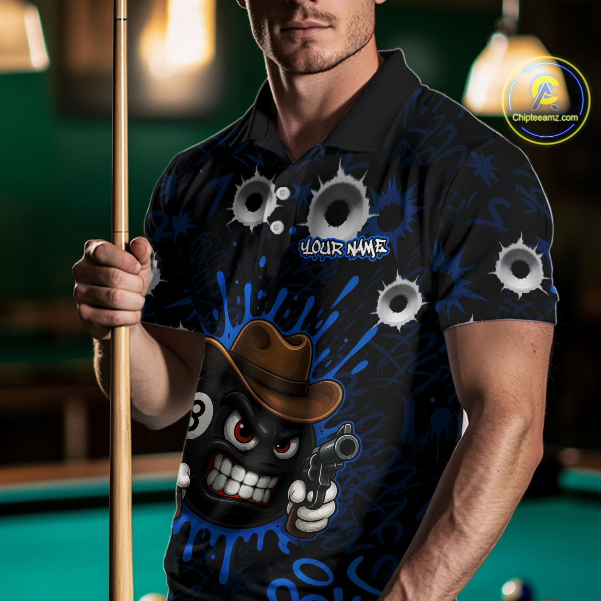 Black And Blue Funny Cowboy 8 Ball & 9 Ball Billiard Shirts For Men Custom Pool Team Jersey TDM7427