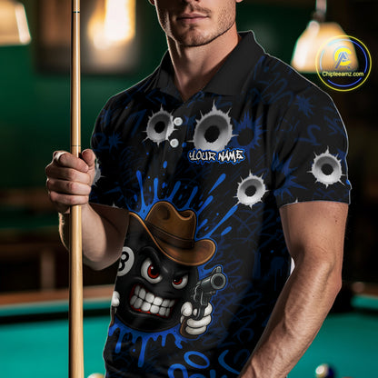 Black And Blue Funny Cowboy 8 Ball & 9 Ball Billiard Shirts For Men Custom Pool Team Jersey TDM7427
