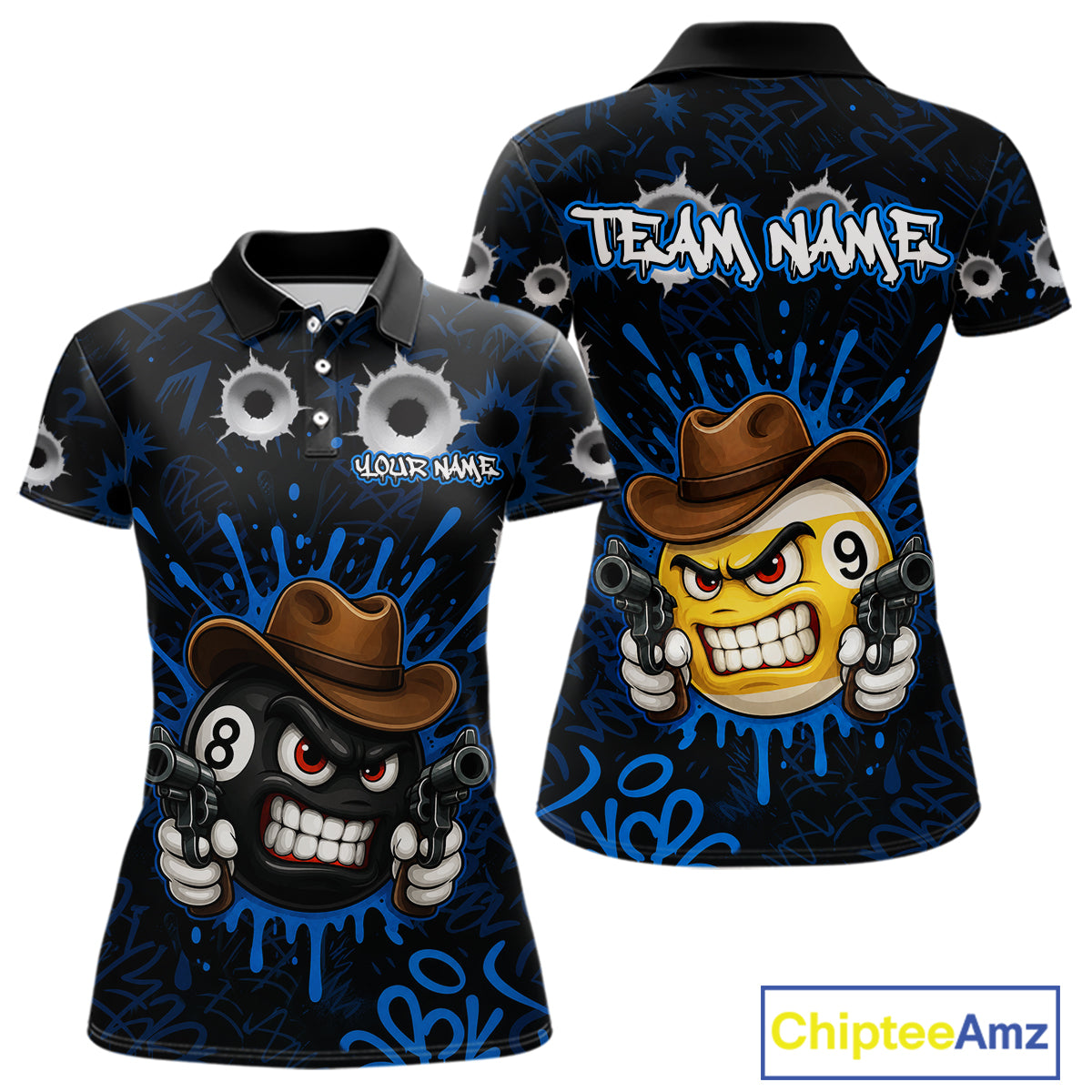 Black And Blue Funny Cowboy 8 Ball & 9 Ball Billiard Shirts For Women Custom Pool Team Jersey TDM7427